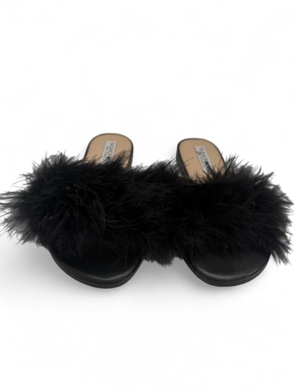 Fashion Nova Black Feather Trim Slide Sandals